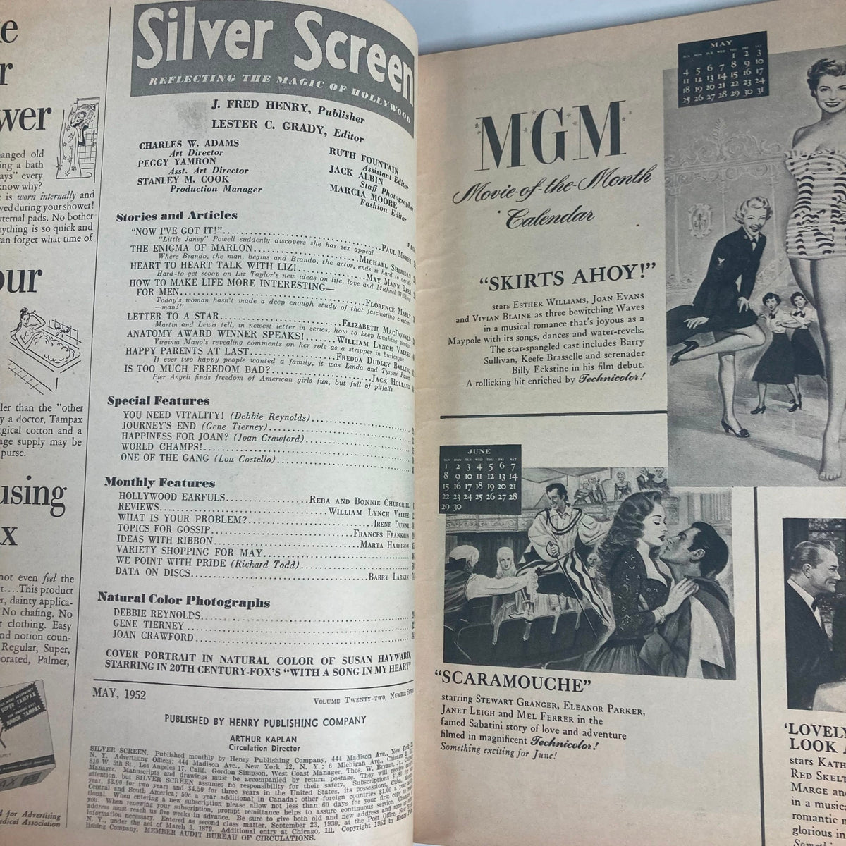 Interior page of VTG Silver Screen Magazine May 1952 Vol 22 No. 16, displaying an overview of articles and features that reflect the entertainment culture of the early 1950s.