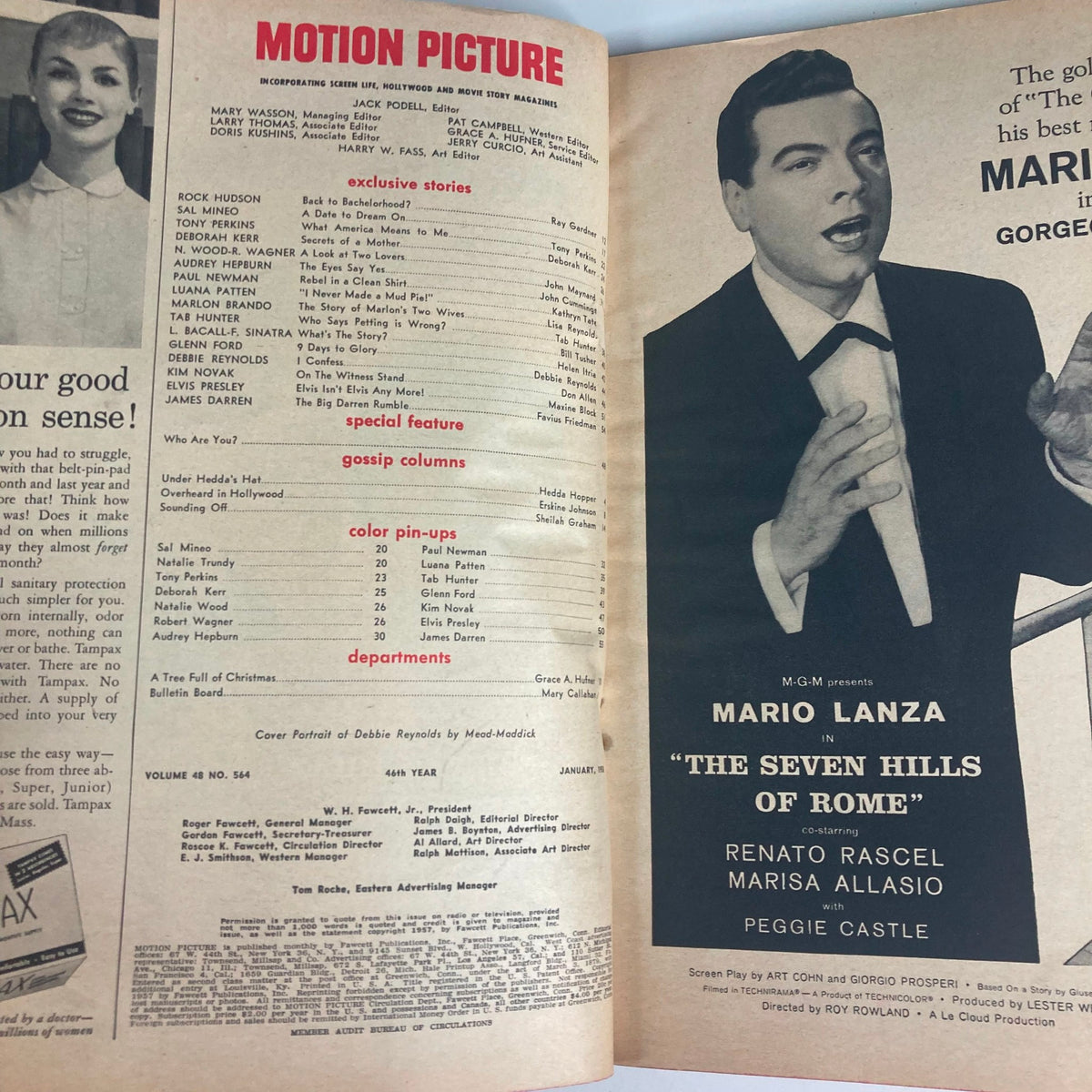 Interior page of VTG Motion Picture Magazine, January 1958, listing exclusive stories and color pin-ups, including Debbie Reynolds.