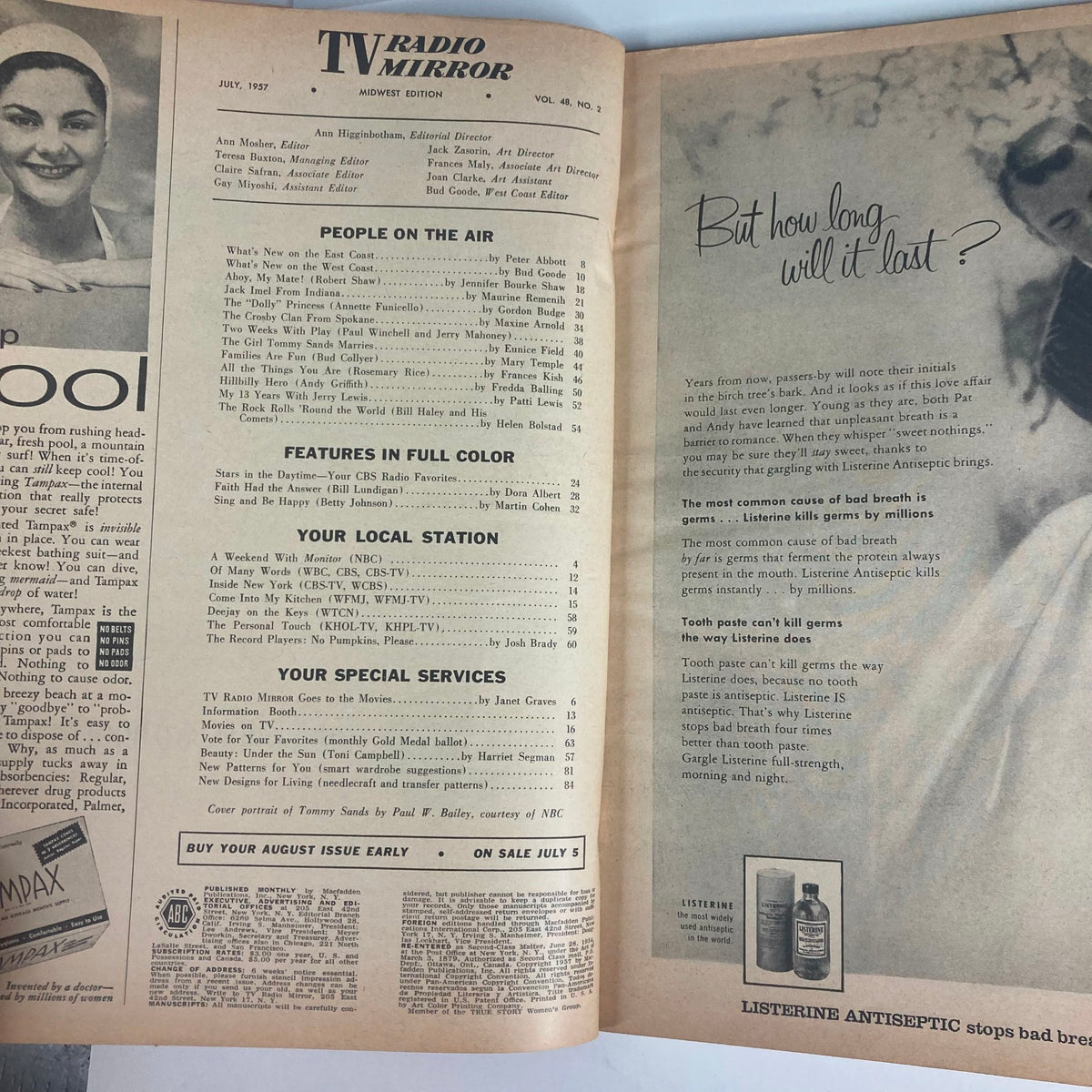 Inside pages of VTG TV Radio Mirror Magazine July 1957, Volume 48, Number 2, showcasing articles, features, and advertisements reflective of mid-century entertainment culture.