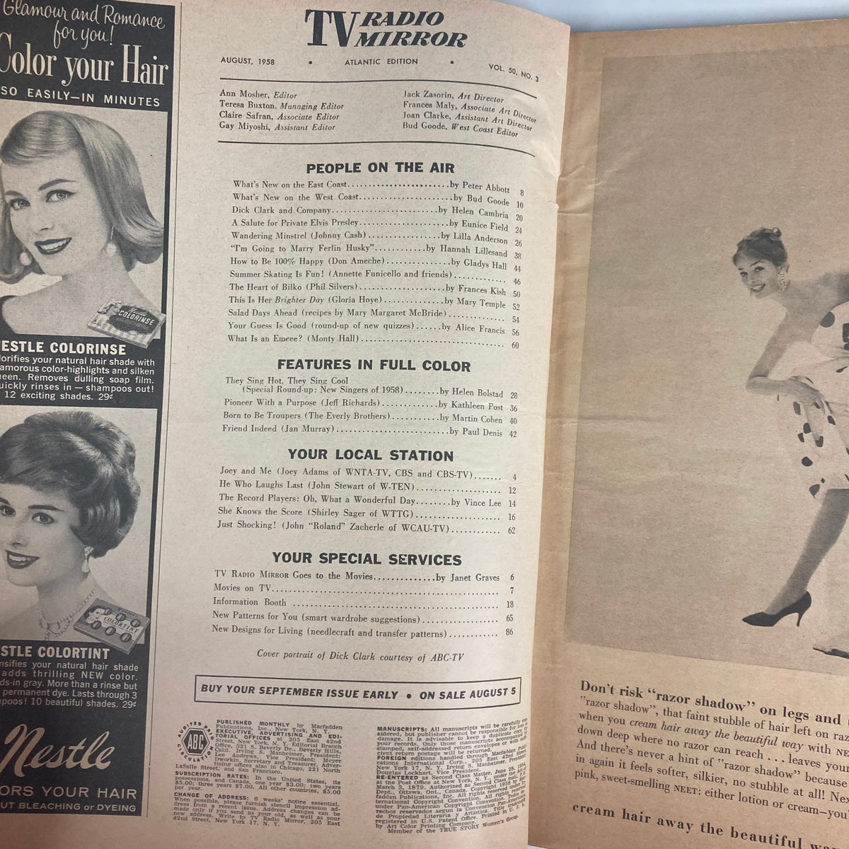 Inside page of VTG TV Radio Mirror Magazine August 1958 Vol 50 #3, detailing features like 'People on the Air' and colorful advertisements from the era, reflecting the cultural landscape of late 1950s television.