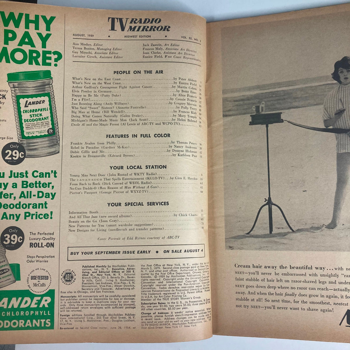 Inside page of VTG TV Radio Mirror Magazine August 1959 Vol 52 #2 showcasing TV content, editorials, and vintage advertisements.