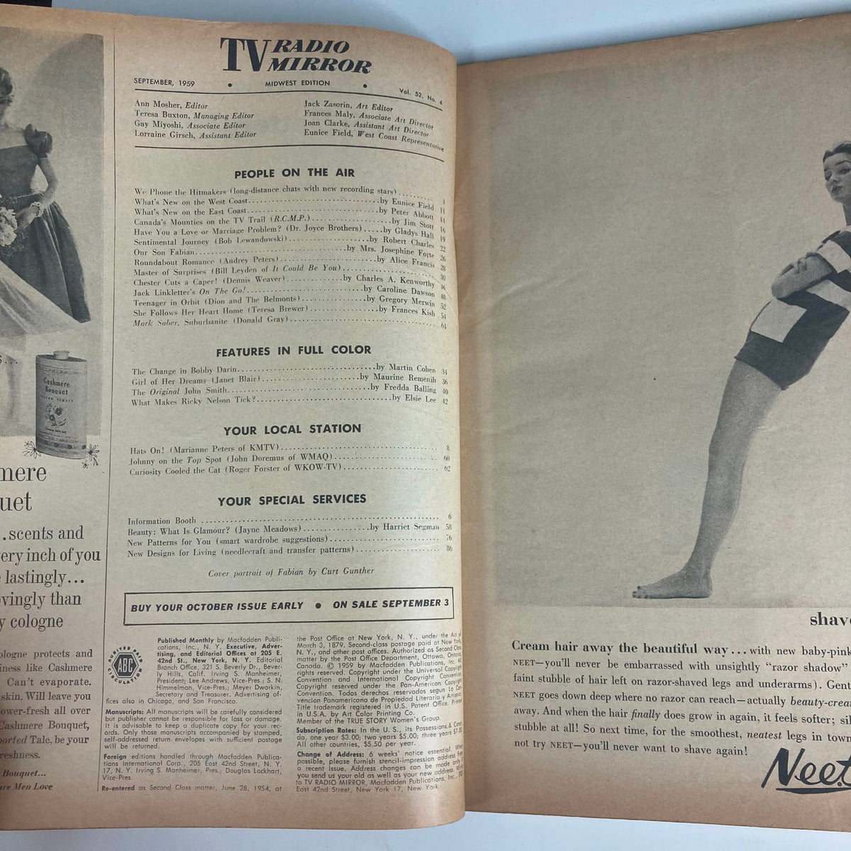 Inside page of VTG TV Radio Mirror Magazine September 1959 with article titles including features on Dr. Joyce Brothers, Jack Linkletter, and advertisements highlighting the vintage aesthetics of the era.