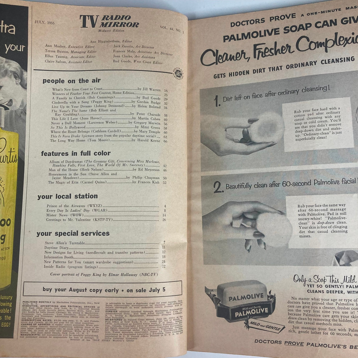 Interior pages of VTG TV Radio Mirror Magazine July 1955, Volume 44, Issue #2, displaying program listings and advertisements of popular shows from the era.