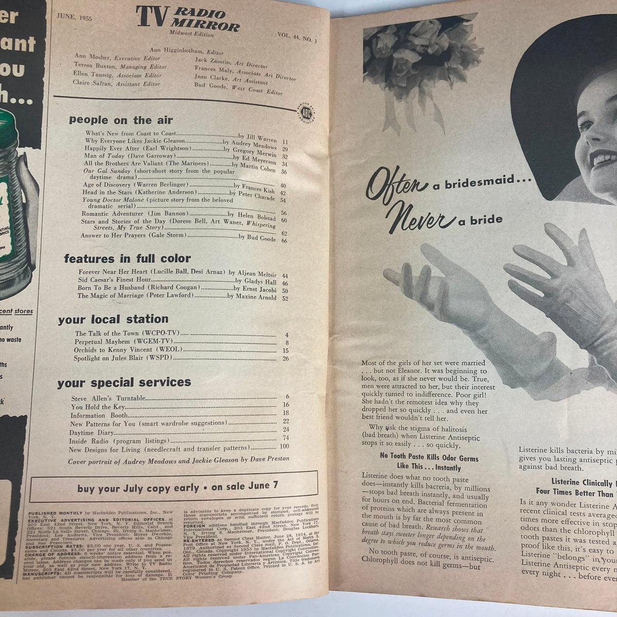 Inside page of VTG TV Radio Mirror Magazine June 1955, featuring content listings, articles, and advertisements, highlighting classic television and its stars like Audrey Meadows and Jackie Gleason.