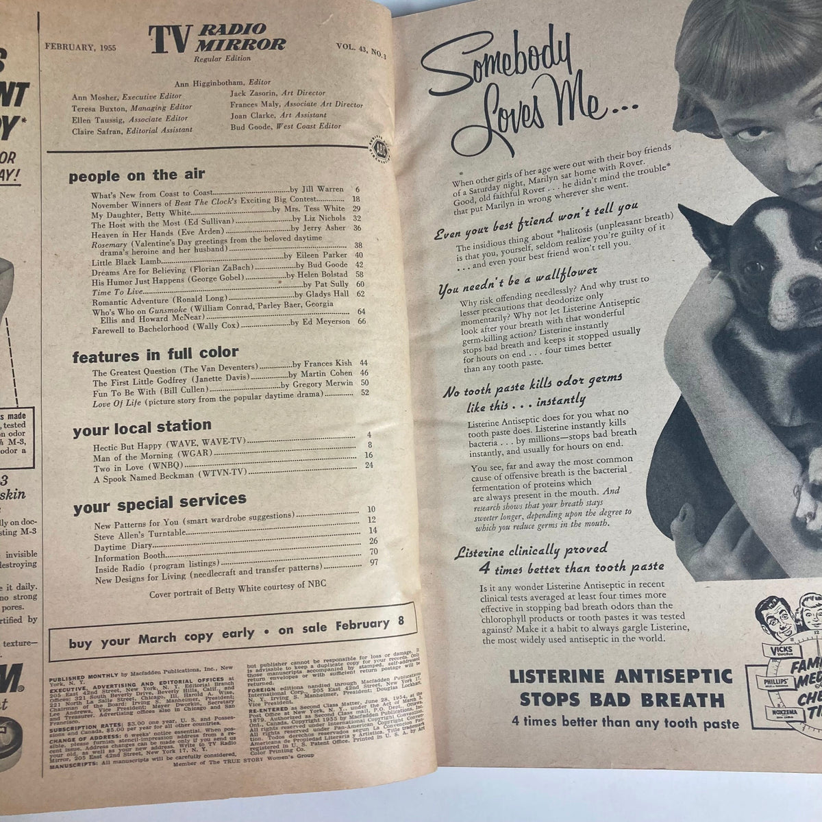 Inside pages of VTG TV Radio Mirror Magazine February 1955 showing articles and advertisements from the era, highlighting content related to popular television shows and personalities.