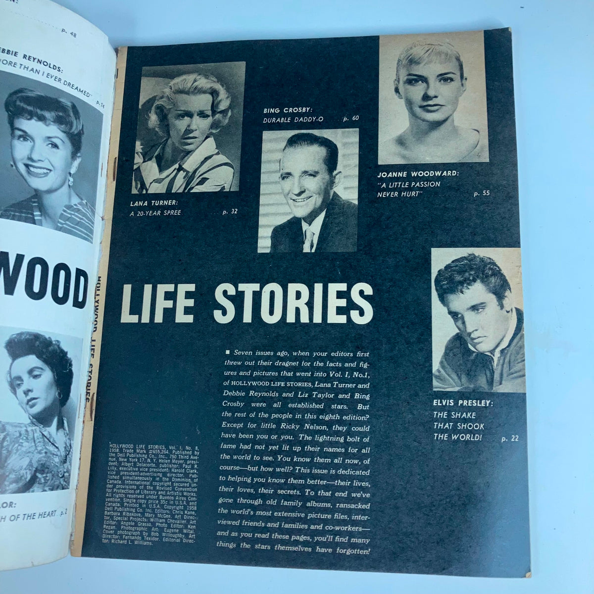 Inside page of VTG Hollywood Life Stories Magazine 1958 Vol 1 #8, highlighting celebrities like Lana Turner, Bing Crosby, and Elvis Presley.