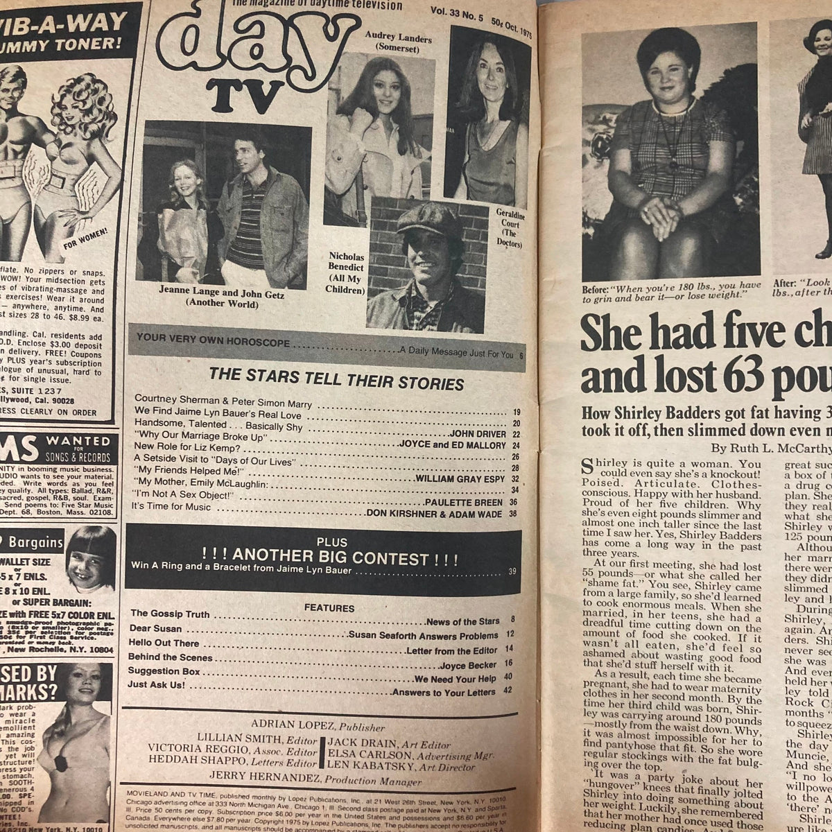 Inside pages of the VTG Movieland & TV Time Magazine October 1975, showcasing articles, interviews, and horoscopes with contributions from TV personalities.