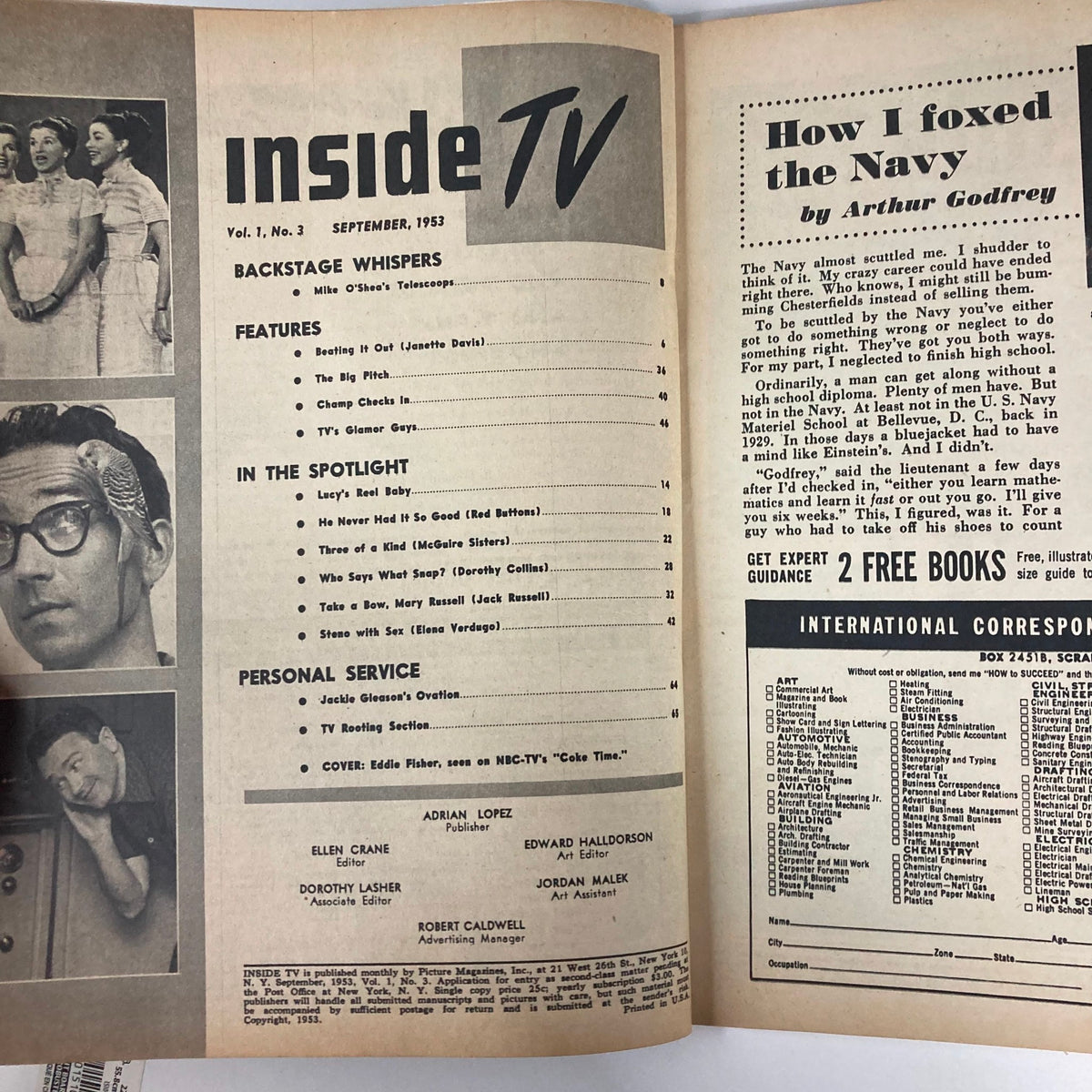 Inside page of Inside TV Magazine September 1953 Vol 1 #3 showcasing the table of contents. This page includes articles on popular figures like Red Buttons and Dorothy Collins, reflecting on the television shows of the era.