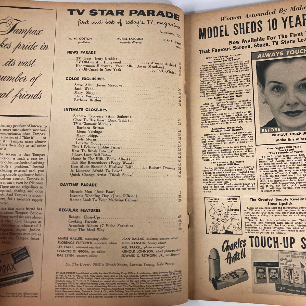 Inside page of VTG TV Star Parade Magazine from November 1974, showcasing the contents and features, including an article on Loretta Young.