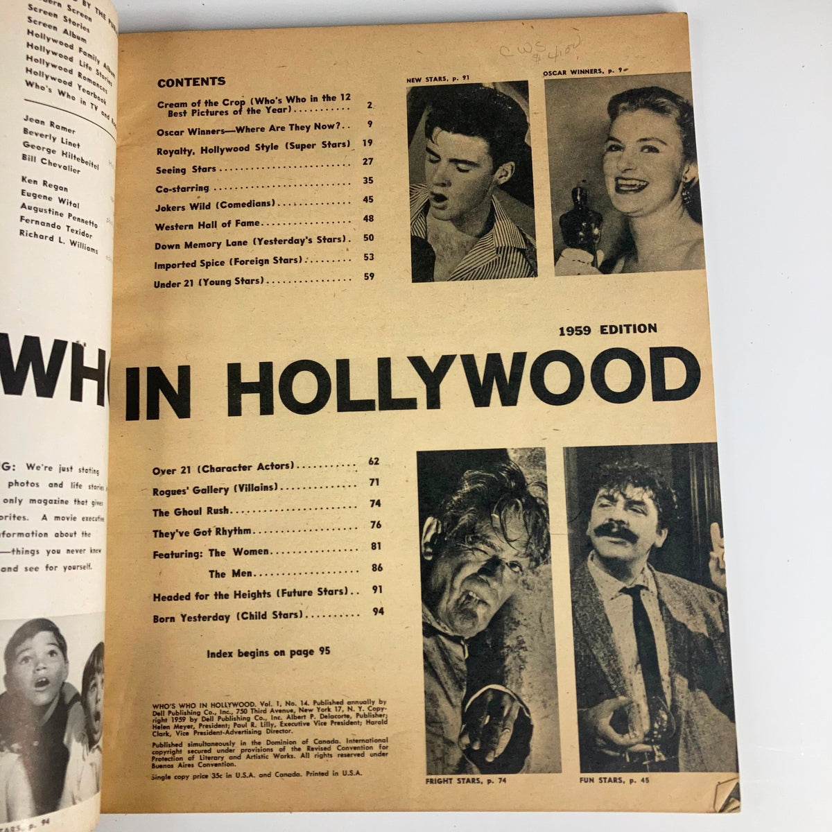 Interior page of VTG Who's Who In Hollywood Magazine 1959 Volume 1 Issue #14 showcasing the table of contents, highlighting features like Oscar winners and sections on superstars.
