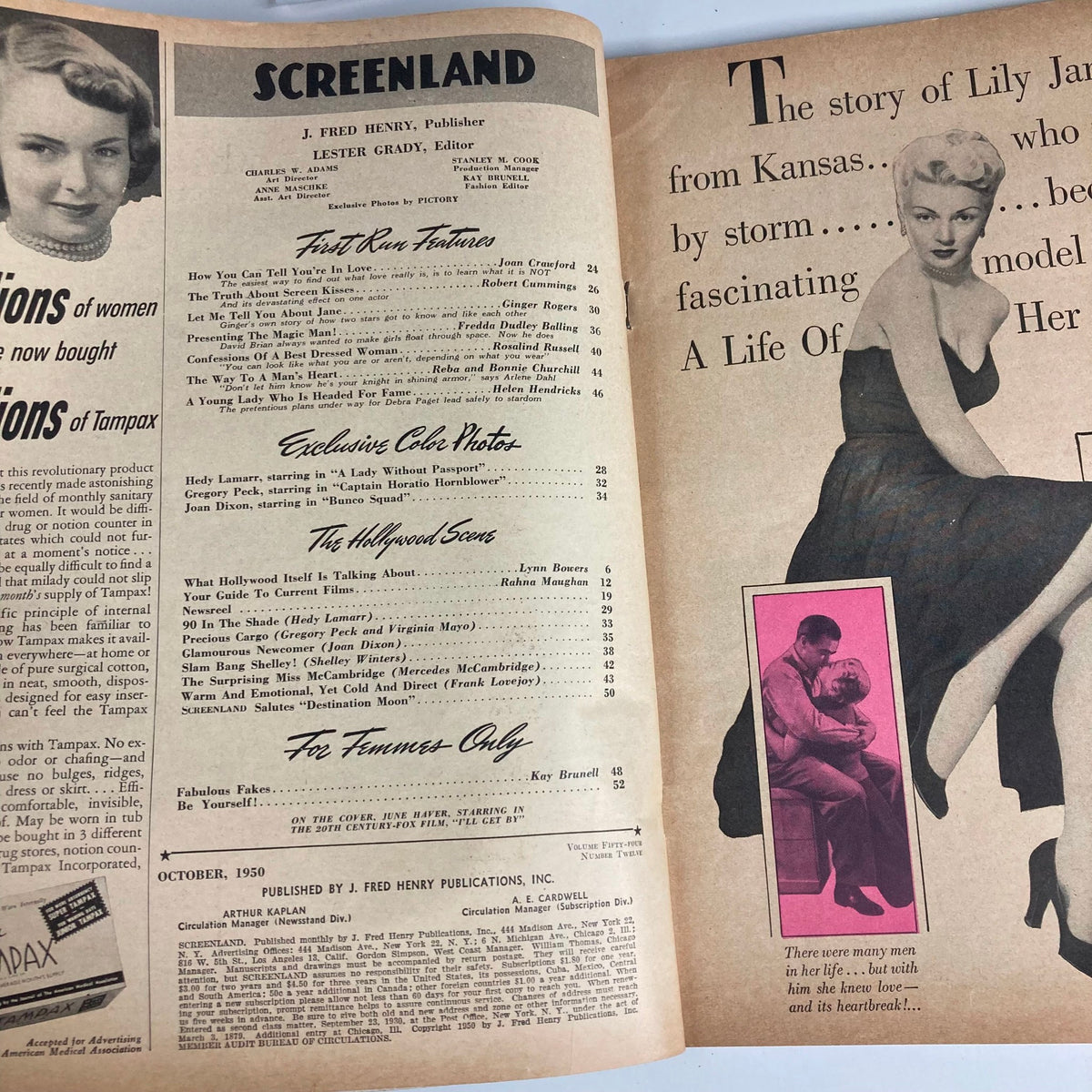 Inside page of VTG Screenland Magazine from October 1950 showing the contents, including articles and exclusive color photos, alongside a vintage advertisement.