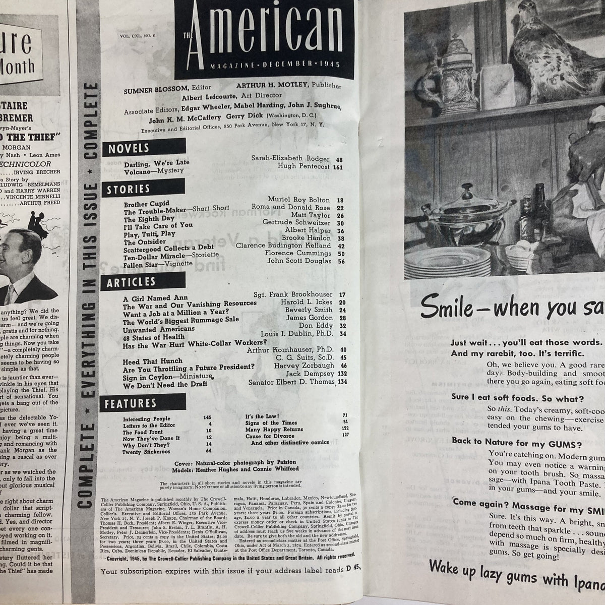 Inside pages of VTG The American Magazine December 1945 Vol 140 #6, displaying table of contents and articles including 'A Girl Named Ann' and 'The War and Our Vanishing Resources'.