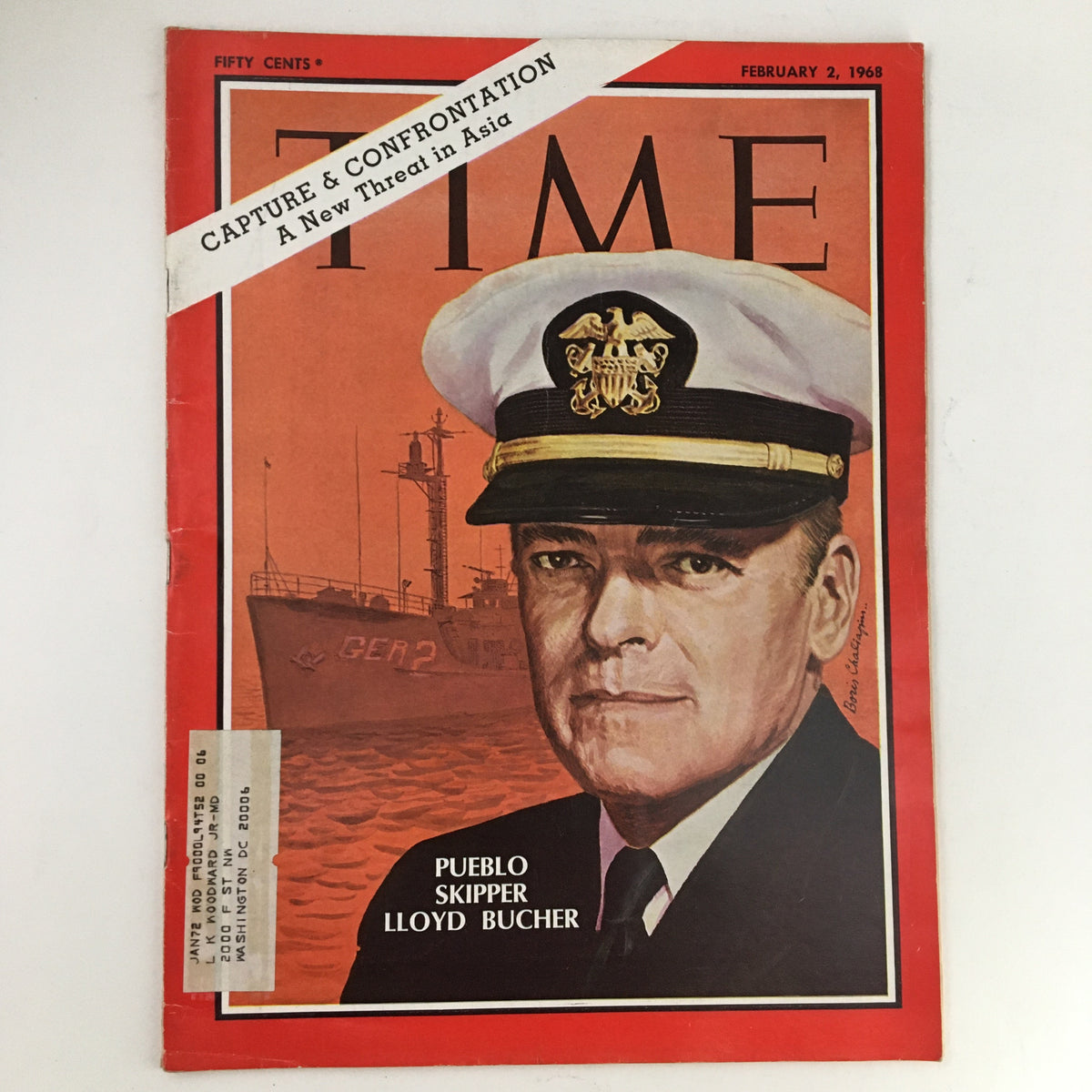 Time Magazine February 2, 1968, Vol. 91 No. 5, featuring an illustrated cover of Pueblo Skipper Lloyd Bucher. The cover highlights 'Capture & Confrontation: A New Threat in Asia' with a striking red background and an image of Bucher in naval attire.