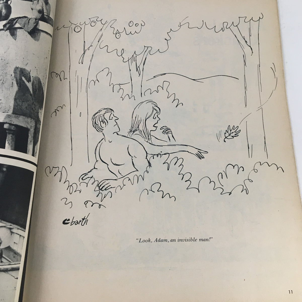 Cartoon illustration from 1000 Jokes Magazine March 1969 No. 129 showing a comical scene with a man and a woman in the woods, humorously commenting on an invisible man.