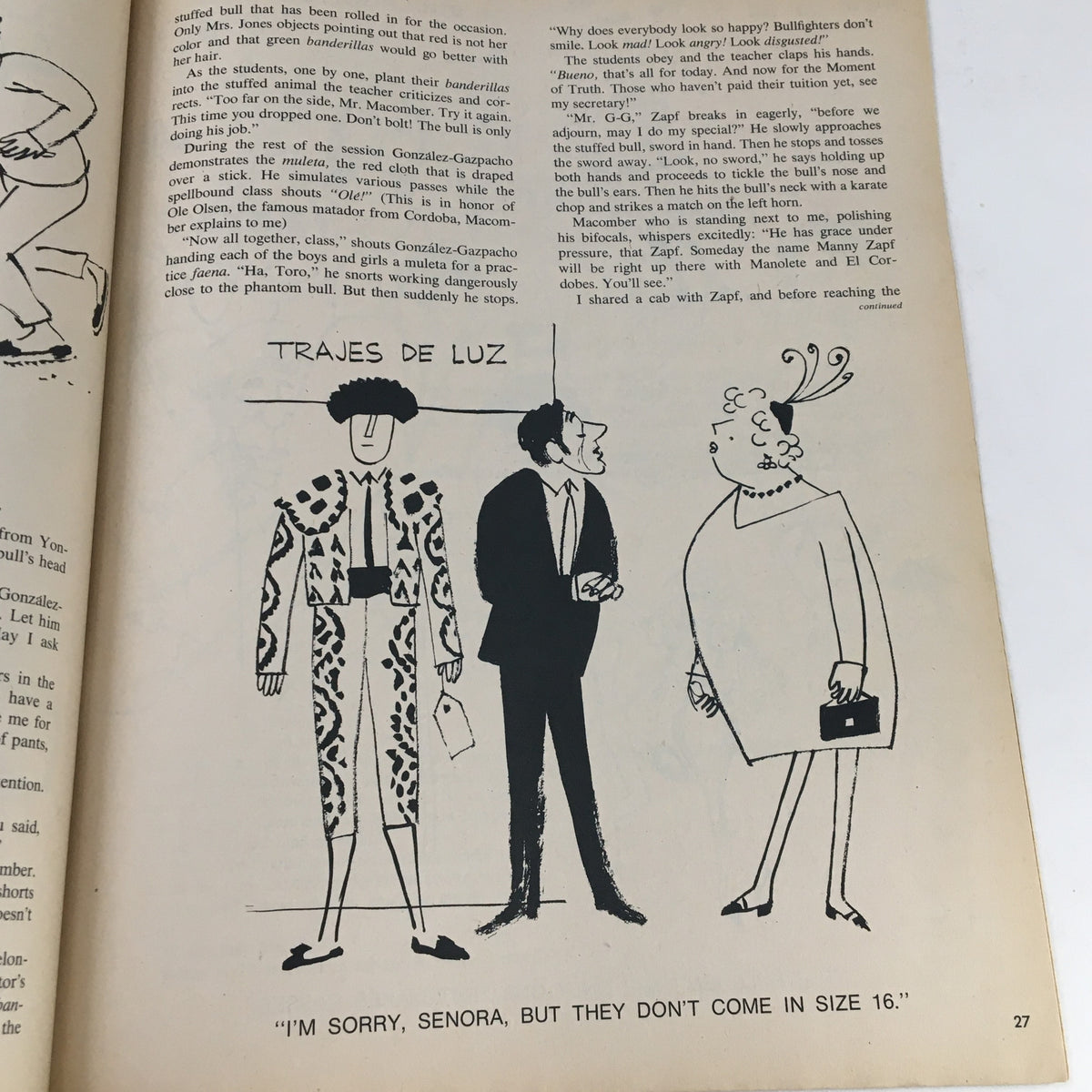 Cartoon drawing from 1000 Jokes Magazine March 1969 No. 129 depicting a humorous conversation about fashion styles with two men and a woman in stylish outfits.