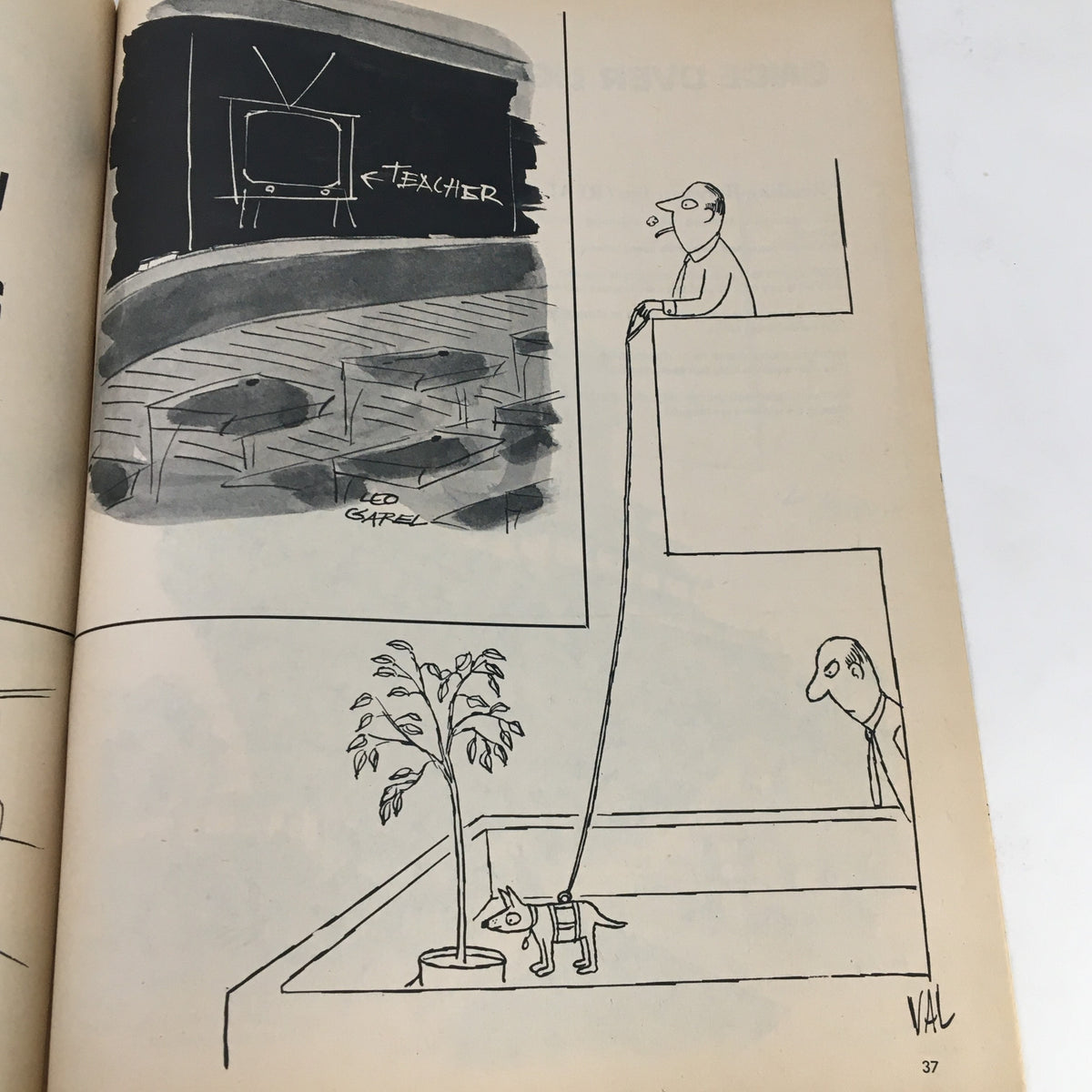 Cartoon featuring a classroom scene in 1000 Jokes Magazine March 1969 No. 129, illustrating a teacher with a television and a student interacting in a comical manner.