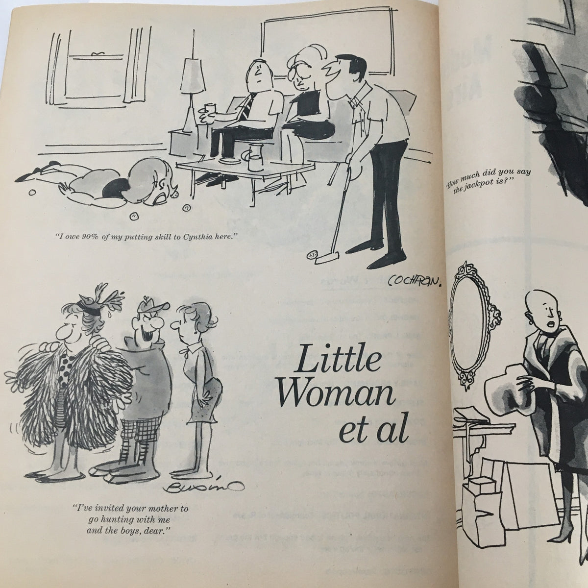 Illustration from 1000 Jokes Magazine March 1969 No. 129 showcasing humorous interactions among characters in a living room context, blending visual comedy with nostalgic themes.