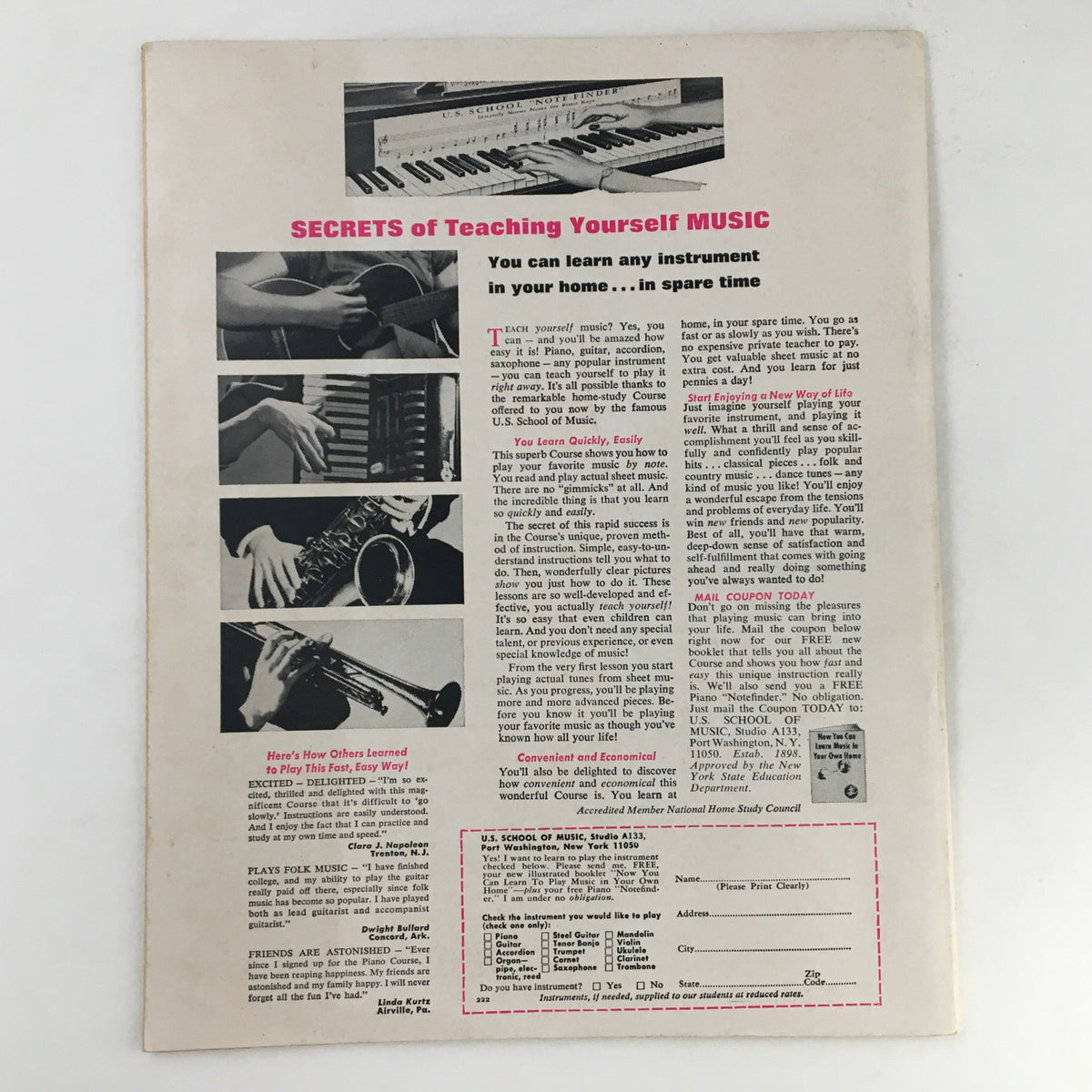 Image from 1000 Jokes Magazine March 1969 No. 129 featuring an advertisement for 'Secrets of Teaching Yourself Music.' The layout includes text about learning instruments at home and images of musicians playing instruments like a trumpet and piano.