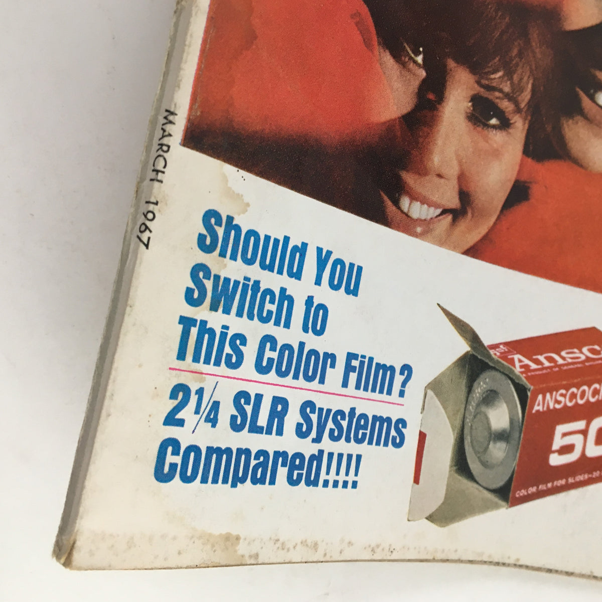 Detail from the cover of Modern Photography Magazine, March 1967, highlighting a question on switching to color film alongside an image of Ansco color film.