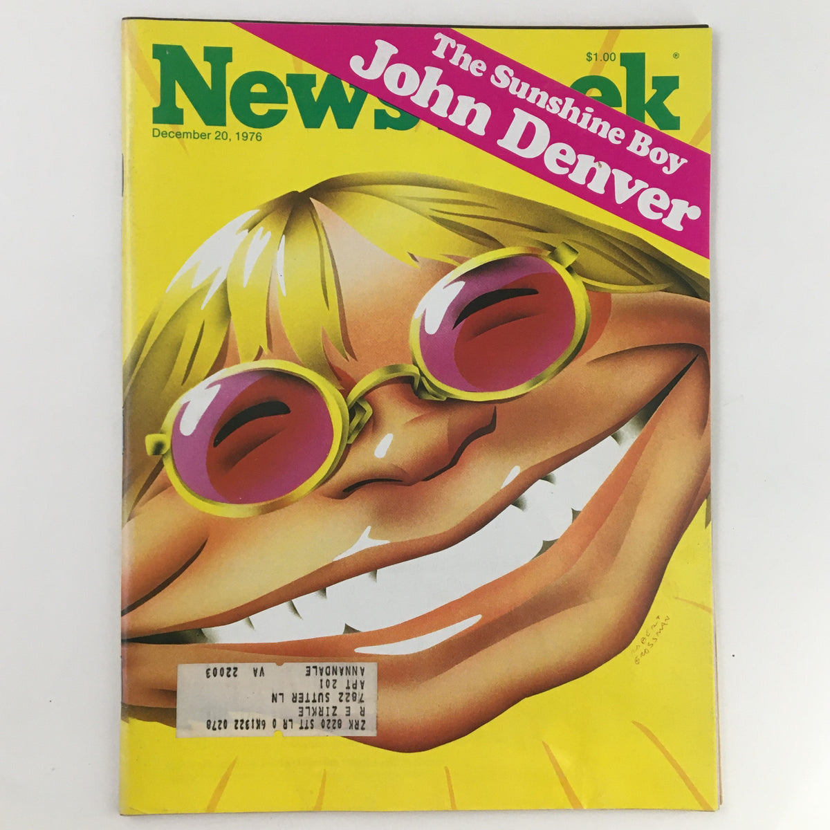 Vintage Newsweek Magazine cover from December 20, 1976, featuring John Denver, known as 'The Sunshine Boy', showcasing colorful artwork with sunglasses and a cheerful smile.