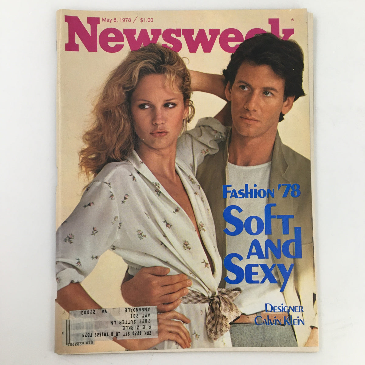 Cover of Newsweek Magazine from May 8, 1978 featuring the title 'Fashion '78 Soft and Sexy' by designer Calvin Klein, showcasing a male and female model in stylish attire.