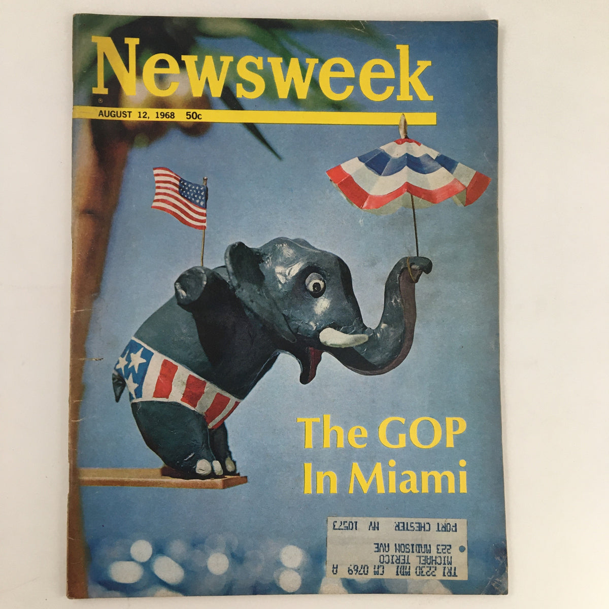 Cover of Newsweek Magazine from August 12, 1968, featuring an illustration of a painted elephant holding an umbrella, symbolizing the GOP Republican Party in Miami. The issue showcases historical political context.