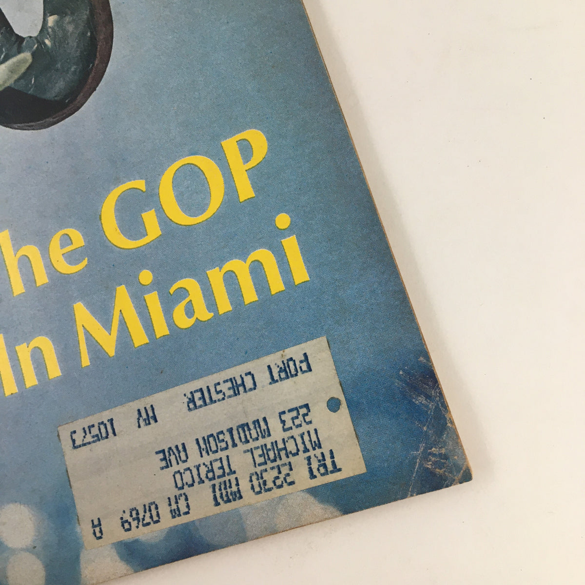 Close-up view of the Newsweek Magazine from August 12, 1968, showing the title 'The GOP in Miami' along with an address label indicating previous ownership, reflecting its history and character.