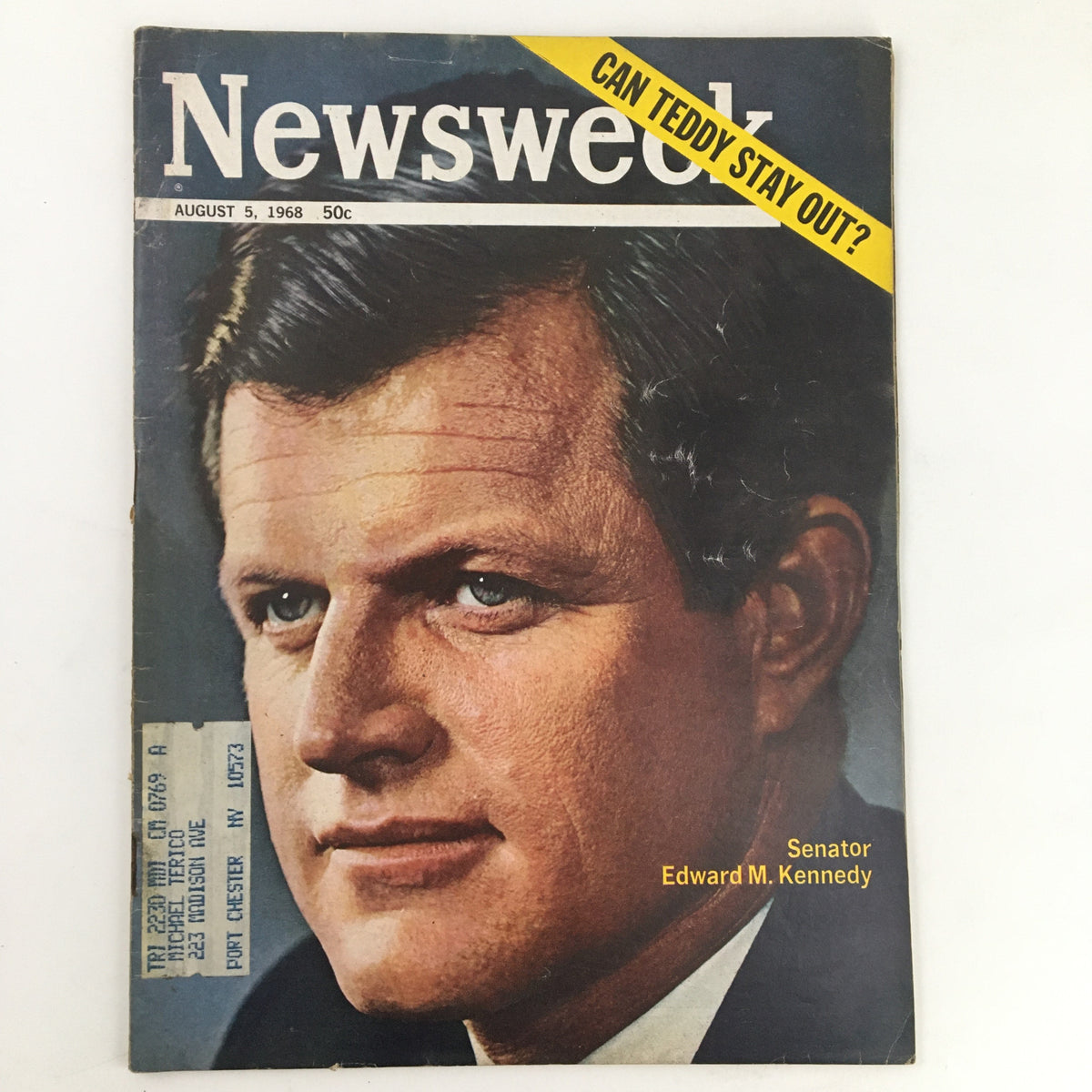 Cover of Newsweek Magazine dated August 5, 1968, featuring a portrait of Senator Edward M. Kennedy with the headline 'Can Teddy Stay Out?' highlighting a significant moment in American political history.