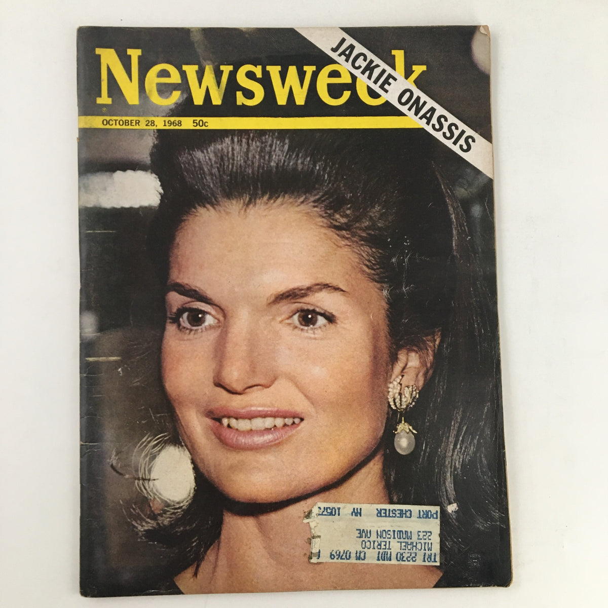Cover of Newsweek Magazine dated October 28, 1968, featuring Jacqueline Kennedy Onassis, highlighting her iconic style and presence during a pivotal time in American history.