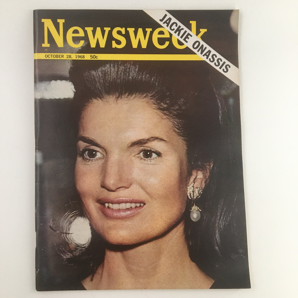 Newsweek Magazine October 28 1968 featuring Jackie Kennedy Onassis on the cover with a profile photo showcasing her elegance and charm.