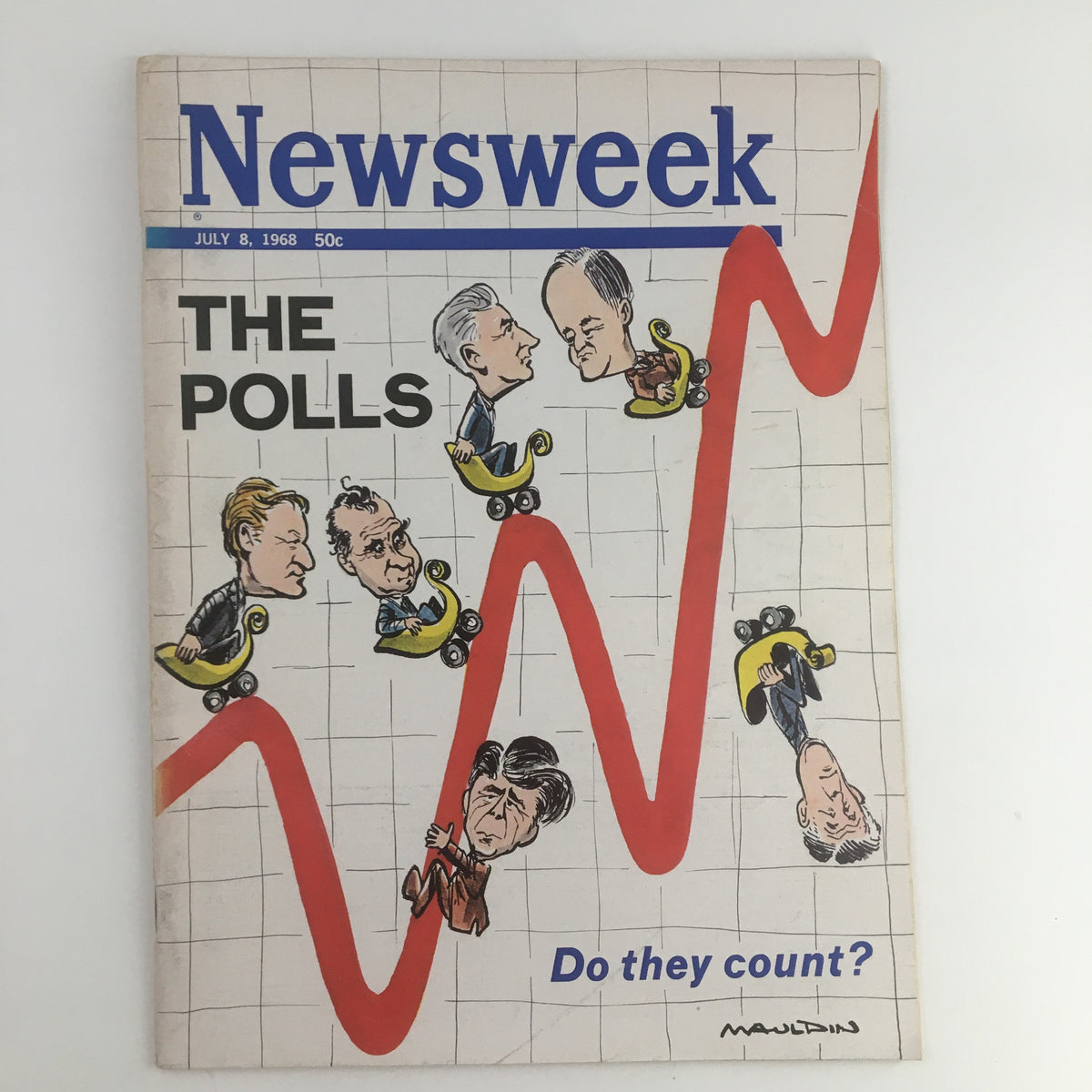 Cover of Newsweek Magazine from July 8, 1968, featuring the title 'The Polls' with caricatures of political figures and a graph illustrating poll trends.