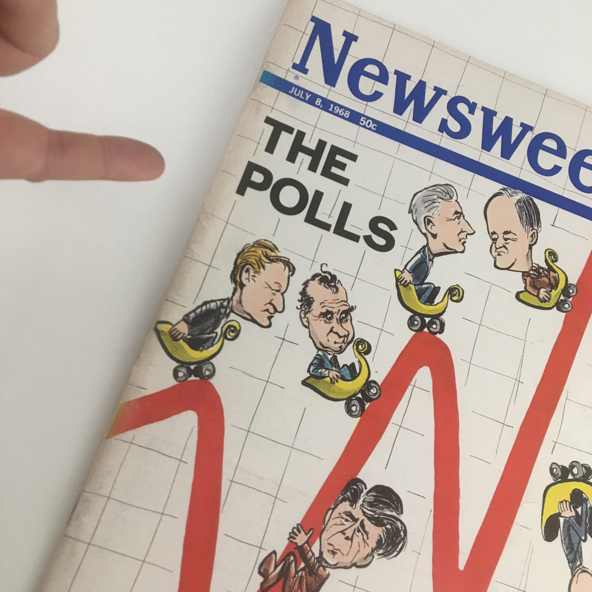 Close-up of Newsweek Magazine Cover from July 8, 1968, showing the title 'The Polls' and caricatures of politicians, highlighting a poll trend graph.