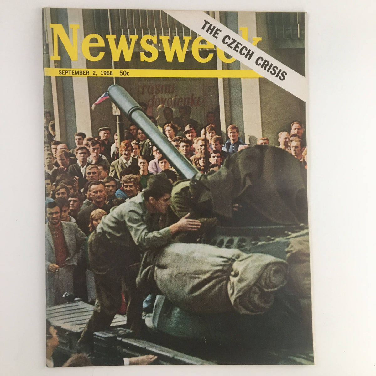 Cover of Newsweek Magazine from September 2, 1968, featuring a historical scene from the Czech Crisis with a tank and an engaged crowd, highlighting pivotal events of the Cold War era.