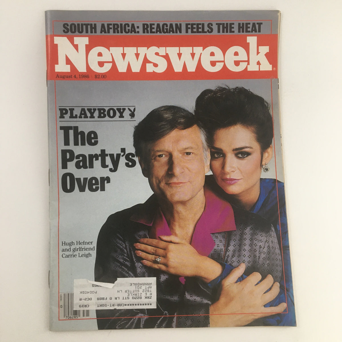 Cover of Newsweek Magazine dated August 4, 1986 featuring Playboy mogul Hugh Hefner and girlfriend Carrie Leigh, highlighting the headline 'The Party's Over'.