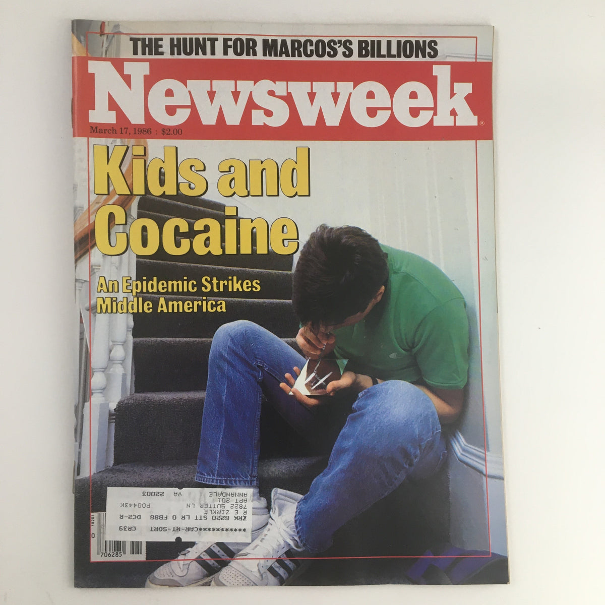 Newsweek Magazine cover from March 17, 1986, featuring the title 'Kids and Cocaine: An Epidemic Strikes Mid America'. The image depicts a young person on the stairs holding a small item, highlighting the theme of drug use among youth.