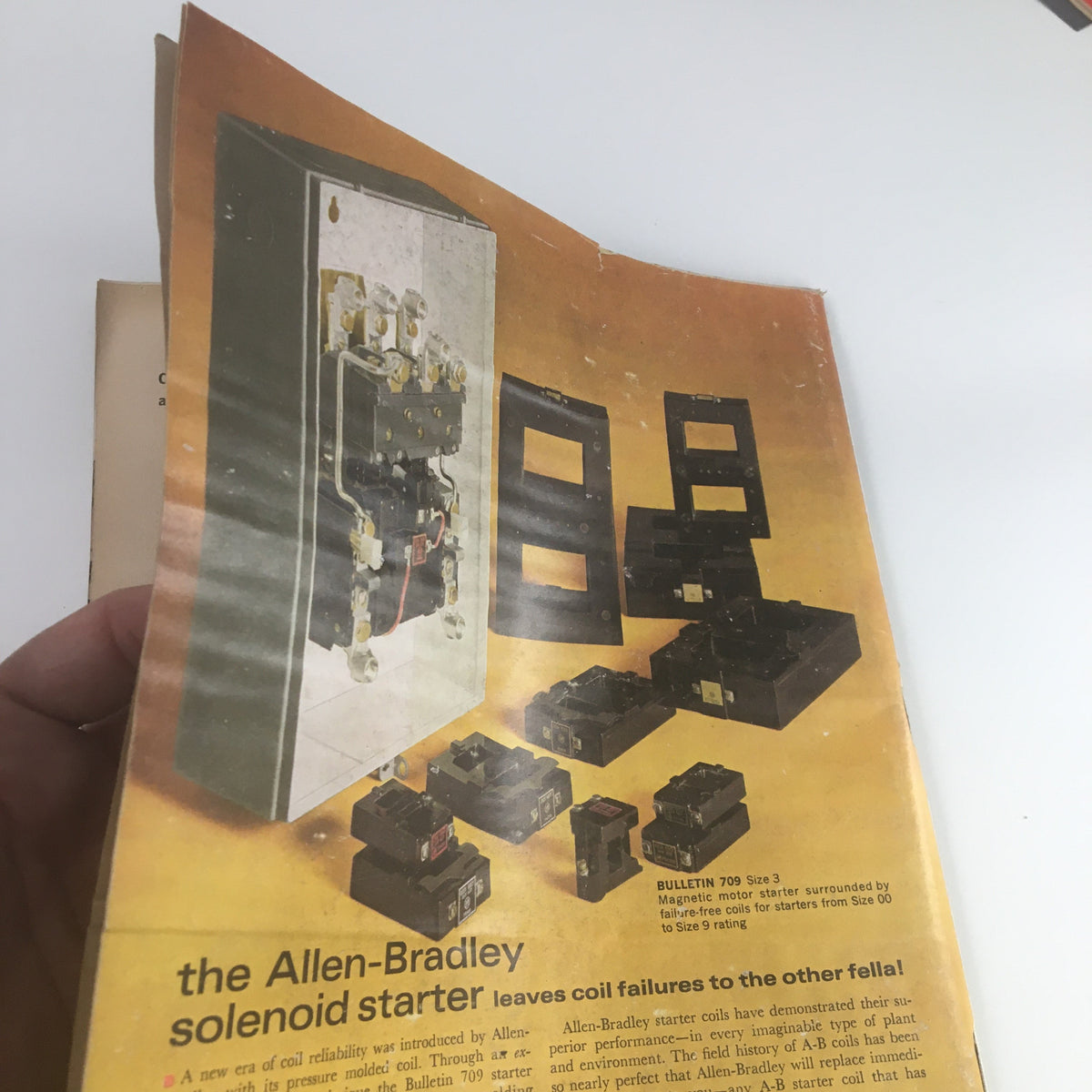 Inside page of Business Week Magazine from October 29, 1966, displaying an advertisement for Allen-Bradley solenoid starters, highlighting innovations in electrical reliability.
