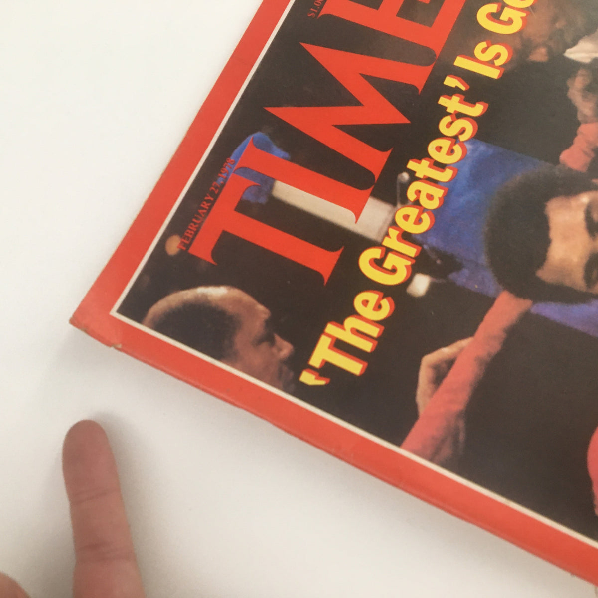 Close-up shot of Time Magazine February 27 1978 cover featuring Muhammad Ali with the title 'The Greatest Is Gone', highlighting its historical significance.