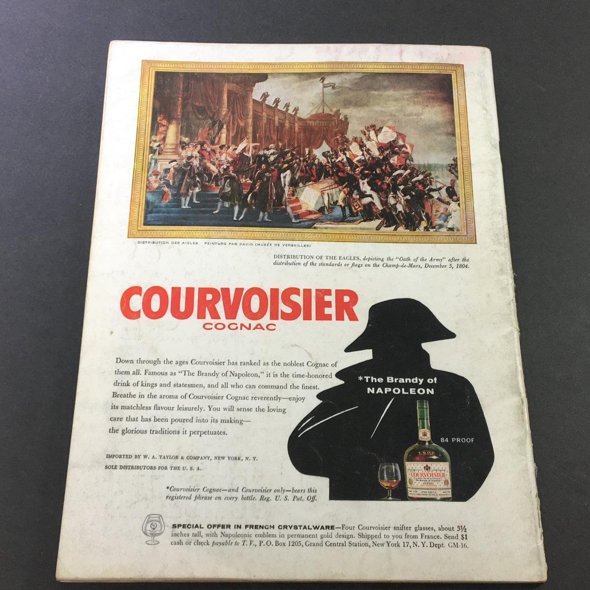 Back cover of VTG Gourmet The Magazine of Good Living May 1959, featuring a Courvoisier Cognac advertisement with historical artwork.