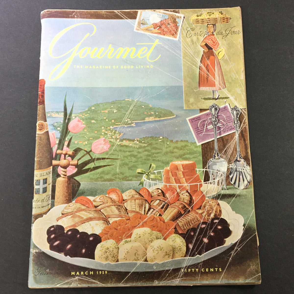Cover of VTG Gourmet The Magazine of Good Living March 1959 featuring a beautifully illustrated dining scene with gourmet food, showcasing high-quality vintage aesthetics.