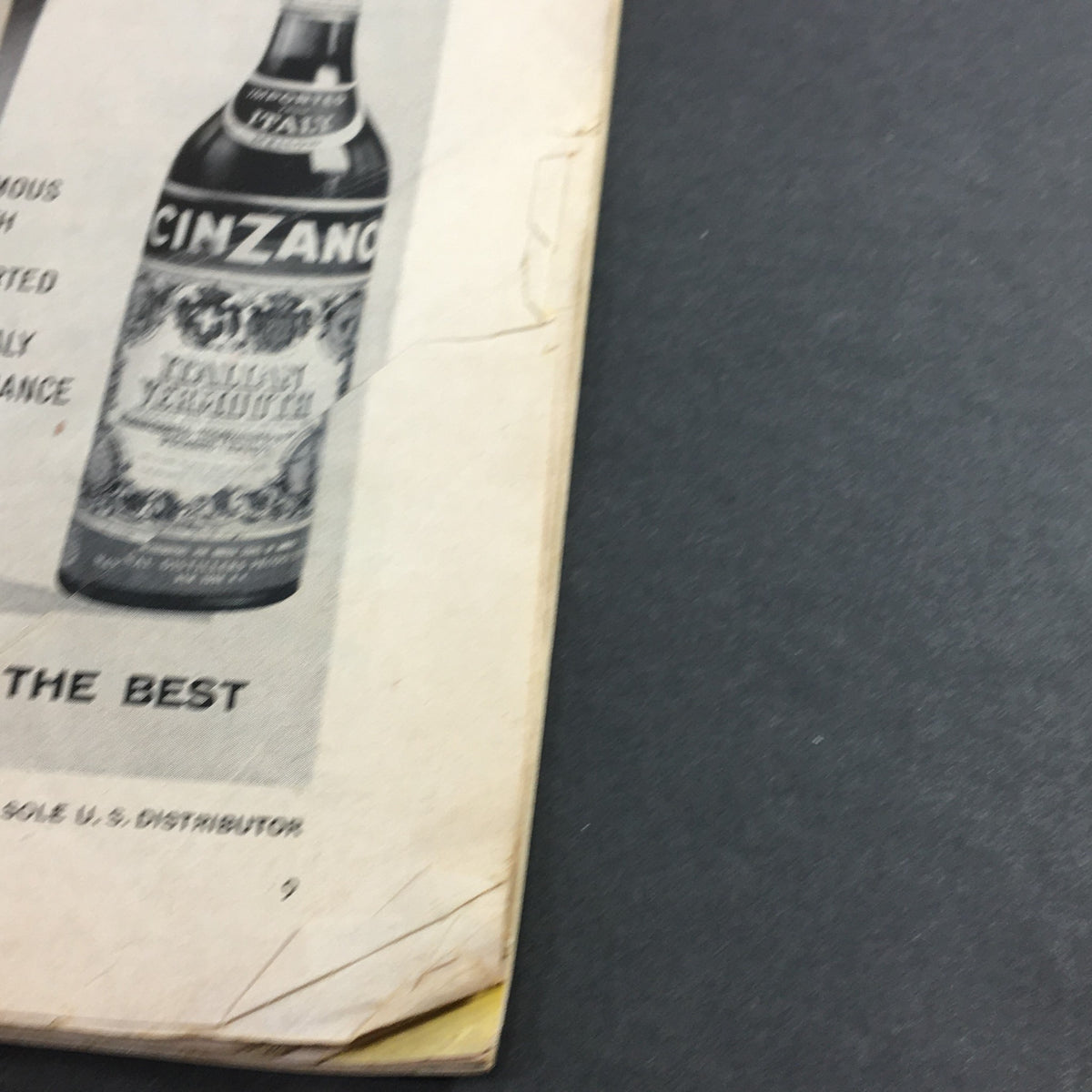 Another interior page of VTG Gourmet The Magazine of Good Living March 1959, highlighting a vintage advertisement for Cinzano with signs of wear.