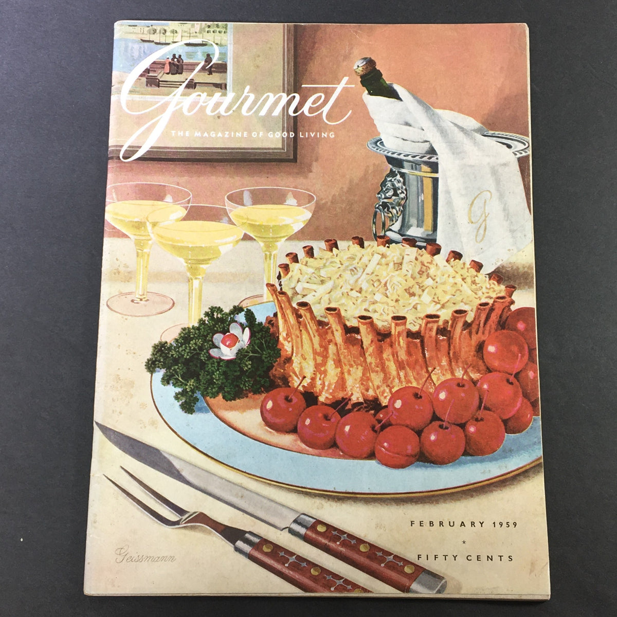 Cover of VTG Gourmet: The Magazine of Good Living, February 1959, featuring a gourmet dish with cherry tomatoes and cocktails, showcasing vintage culinary trends.