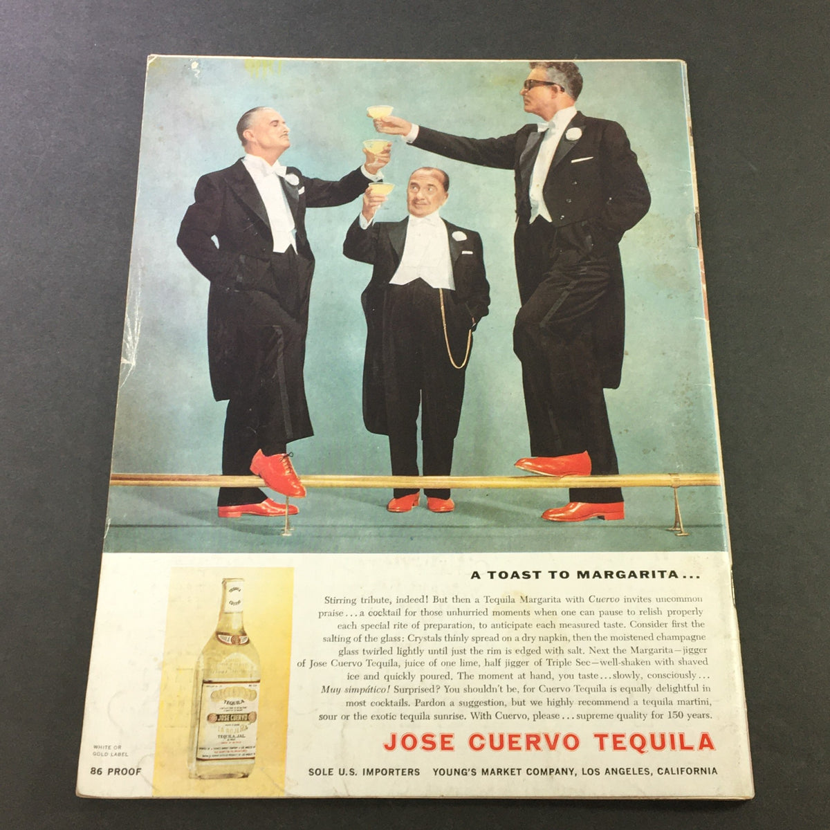Back cover of VTG Gourmet: The Magazine of Good Living, February 1959, depicting three men in tuxedos toasting with drinks, advertising Jose Cuervo Tequila.