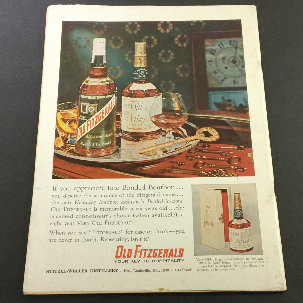 Back cover of VTG Gourmet The Magazine of Good Living June 1960 showcasing an advertisement for Old Fitzgerald Bourbon, highlighting the product's heritage and premium quality.