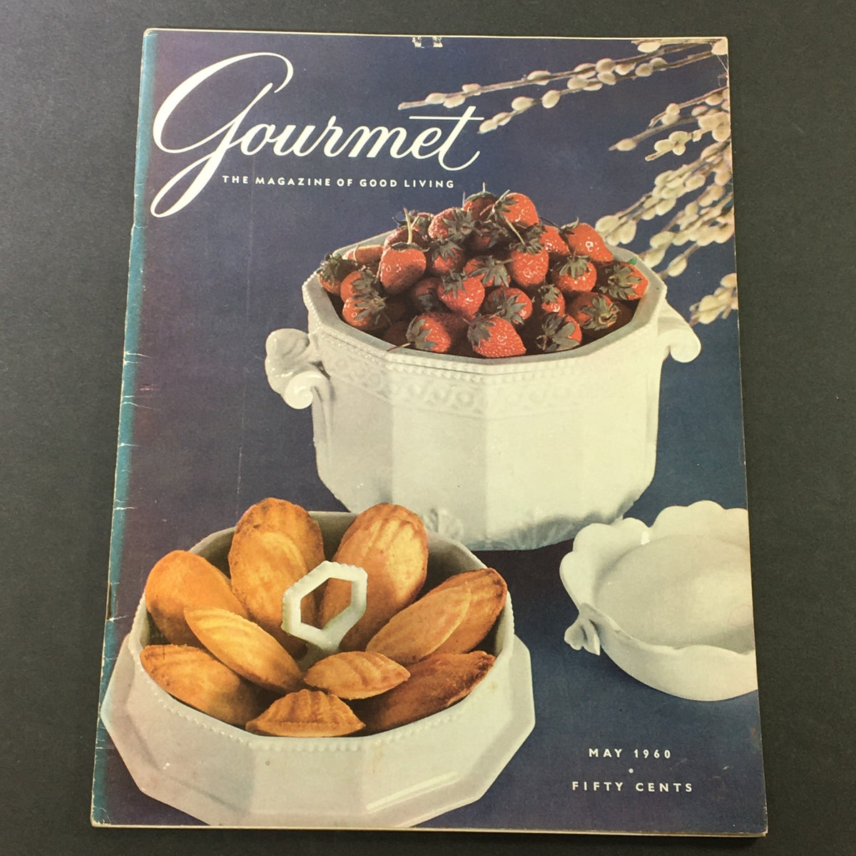 Cover of VTG Gourmet The Magazine of Good Living May 1960 featuring strawberries and madeleine pastries in elegant bowls.