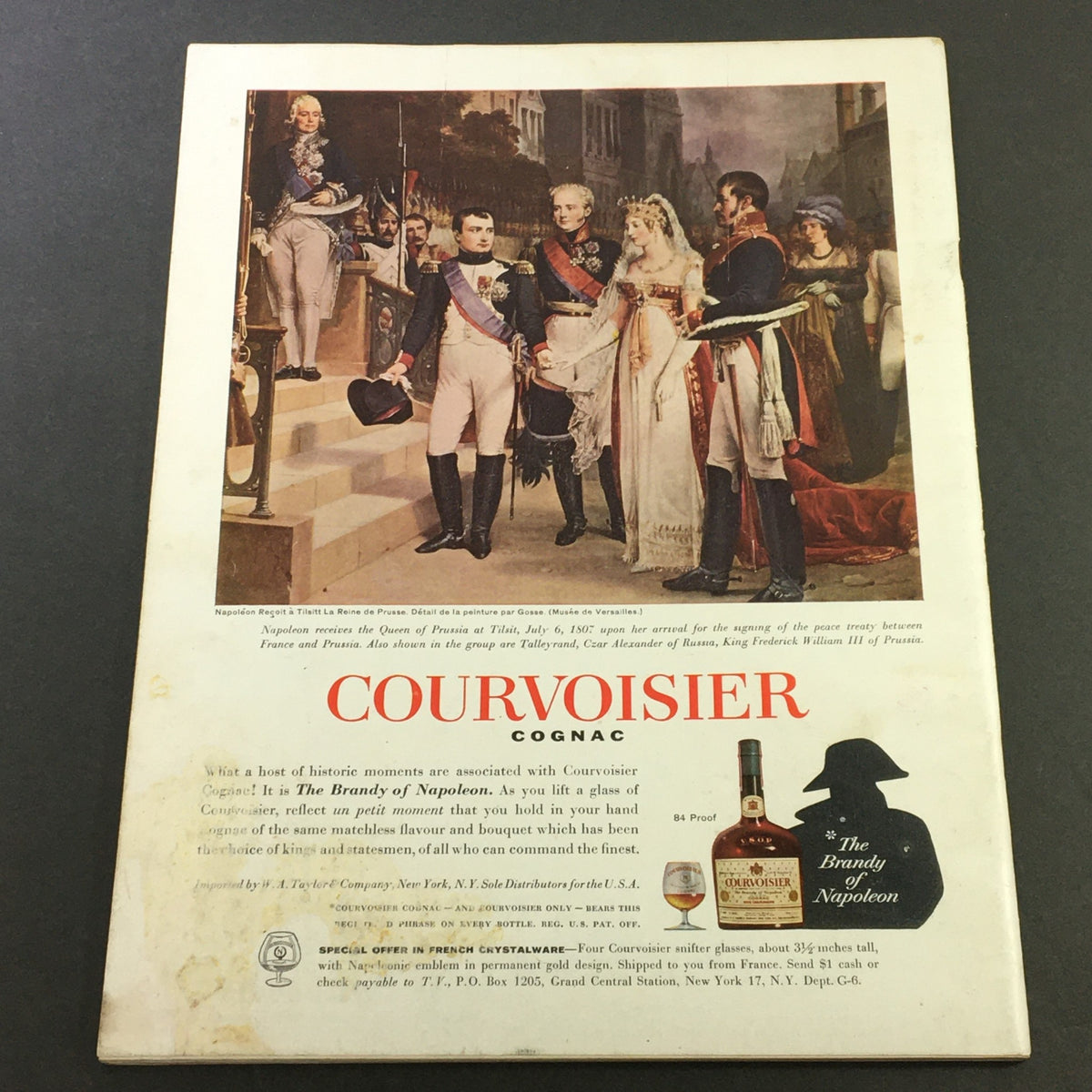 Back cover of VTG Gourmet The Magazine of Good Living May 1960 showcasing a vintage advertisement for Courvoisier Cognac with historical illustration.