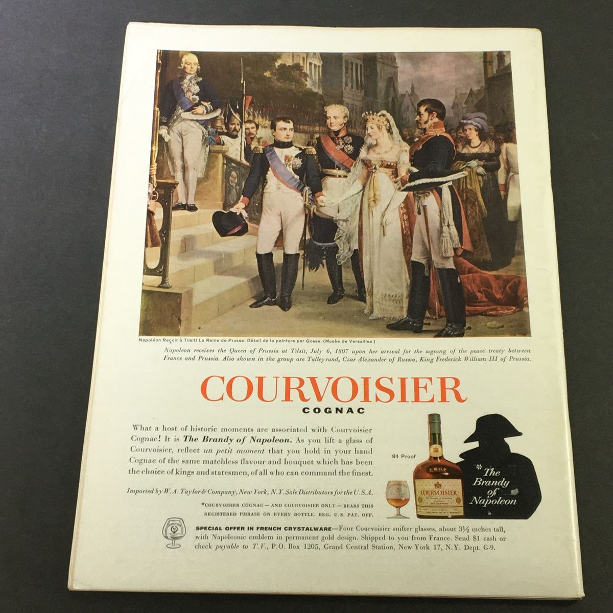 VTG Gourmet The Magazine of Good Living December 1960 featuring an advertisement for Courvoisier Cognac, showcasing Napoleon receiving the Queen of Prussia with a historical scene, highlighting festive culinary culture and holiday celebrations.