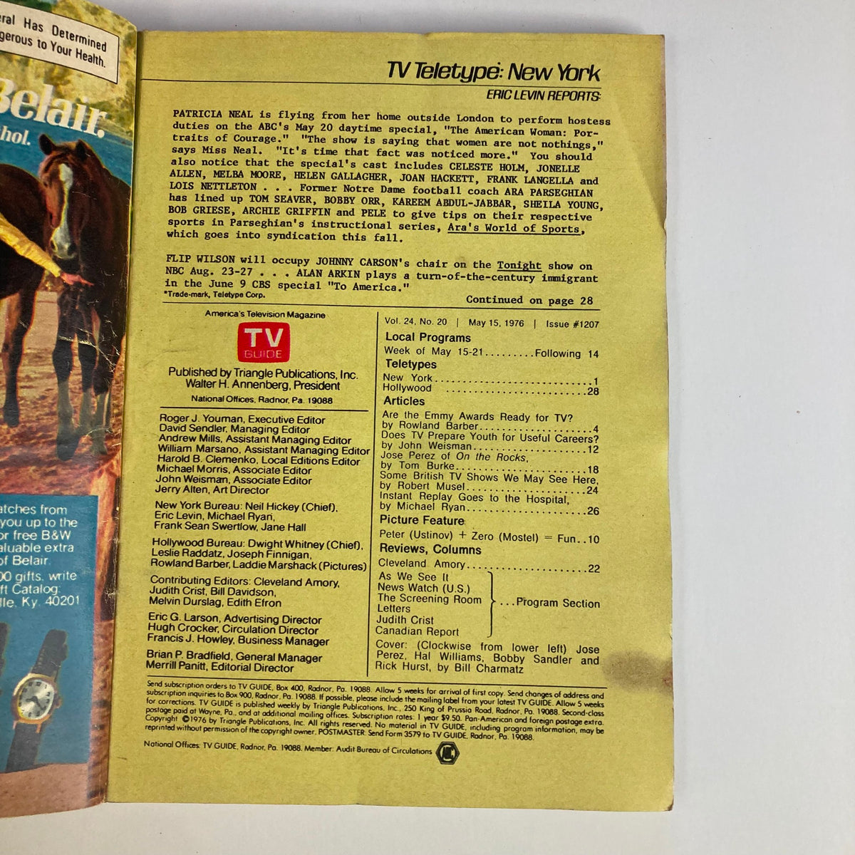 Back cover of TV Guide Magazine May 15 1976 Issue #1207 displaying TV teletypes and editor notes, further emphasizing its role in documenting television programming of the 1970s.