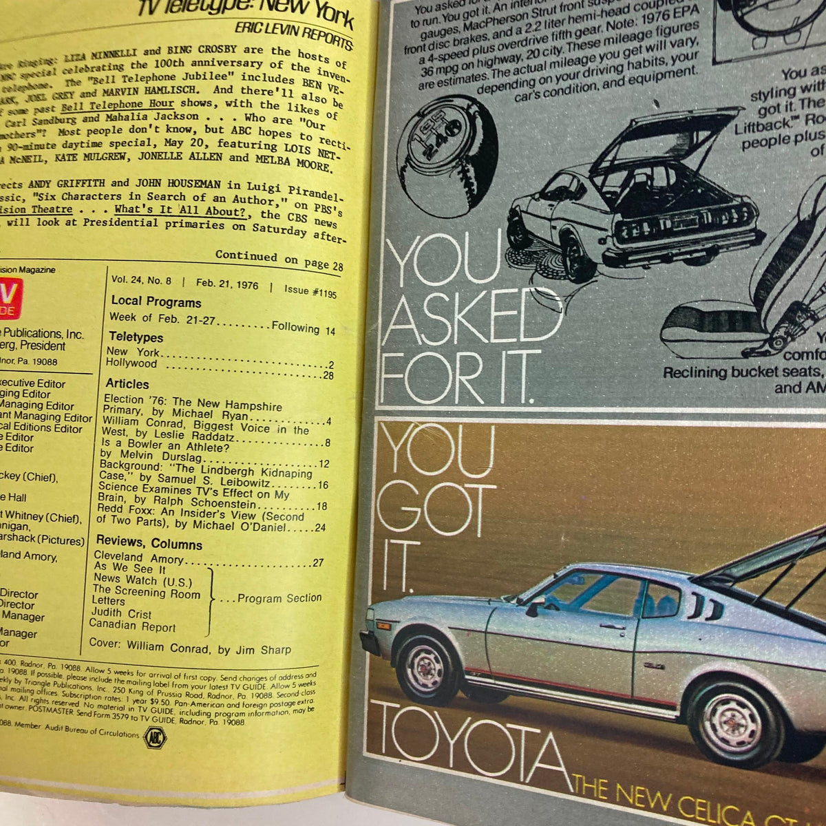 Inside page of TV Guide Magazine February 21 1976 #1195, displaying local program listings, articles, and an advertisement for the 1976 Toyota Celica.