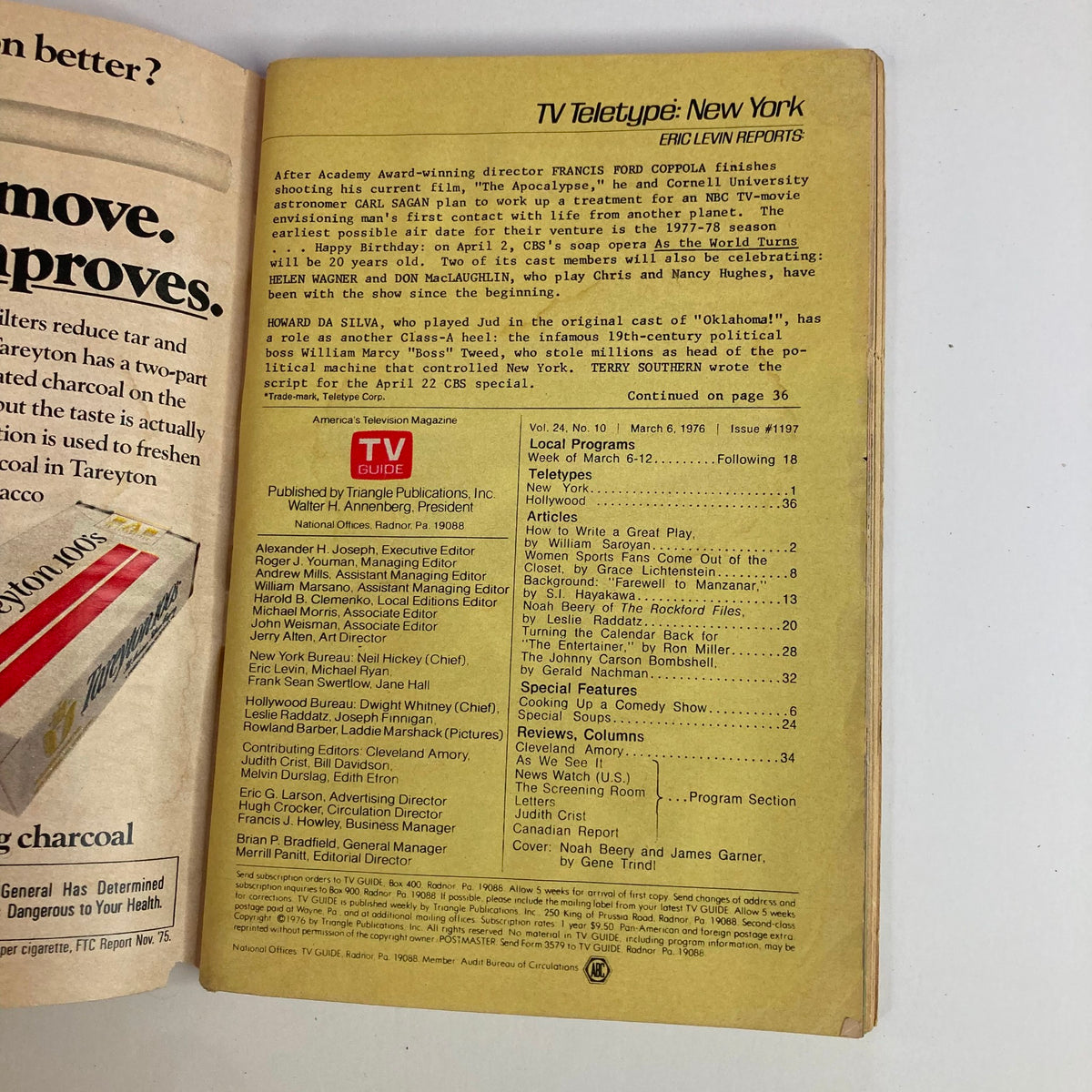 Inside page of TV Guide Magazine March 6 1976 issue #1197 displaying TV listings and articles, including a piece by William Saroyan and program details.