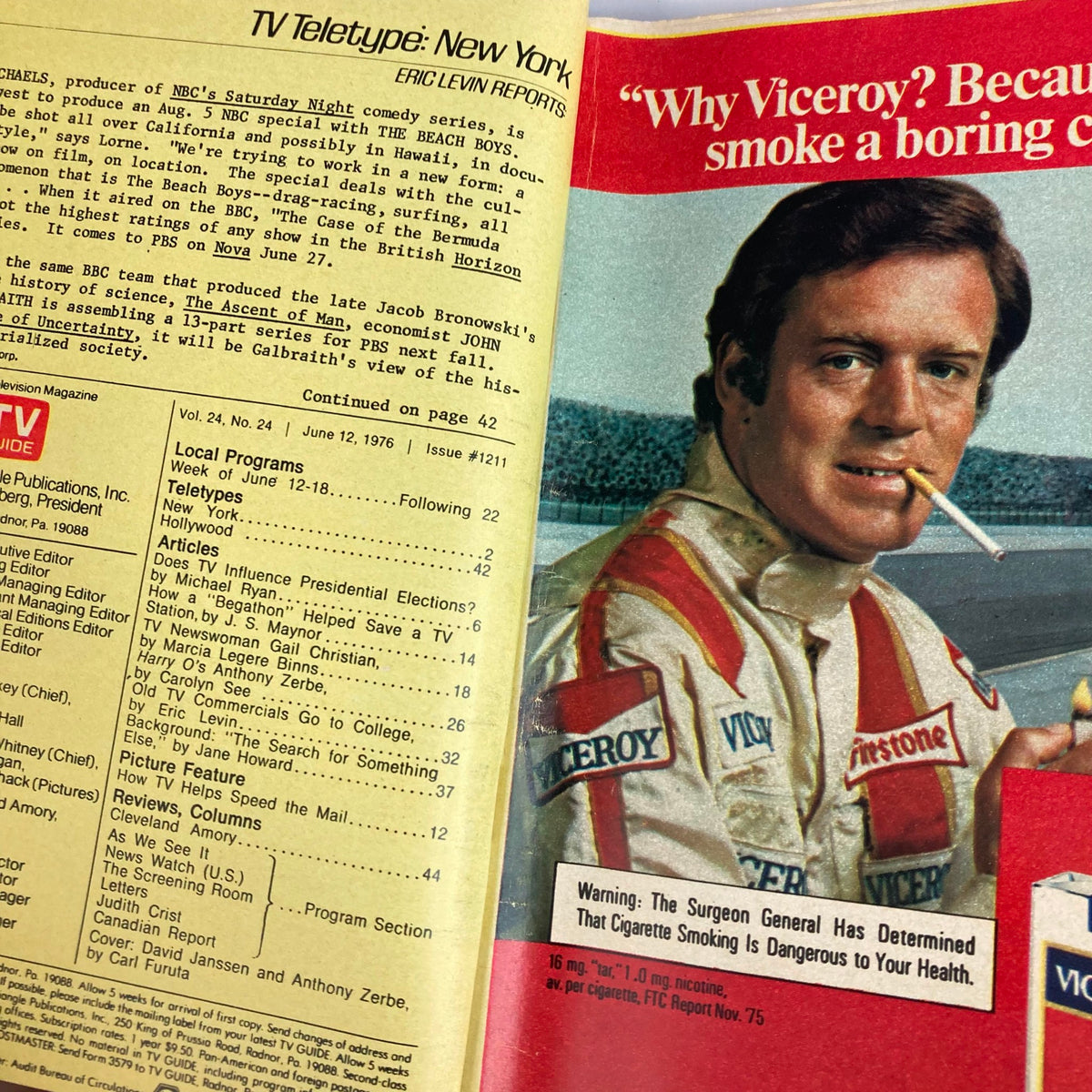 Interior page of TV Guide Magazine June 12, 1976, #1211 showcasing articles and reviews, including a feature on Viceroy cigarettes, reflecting 1970s pop culture and television history.